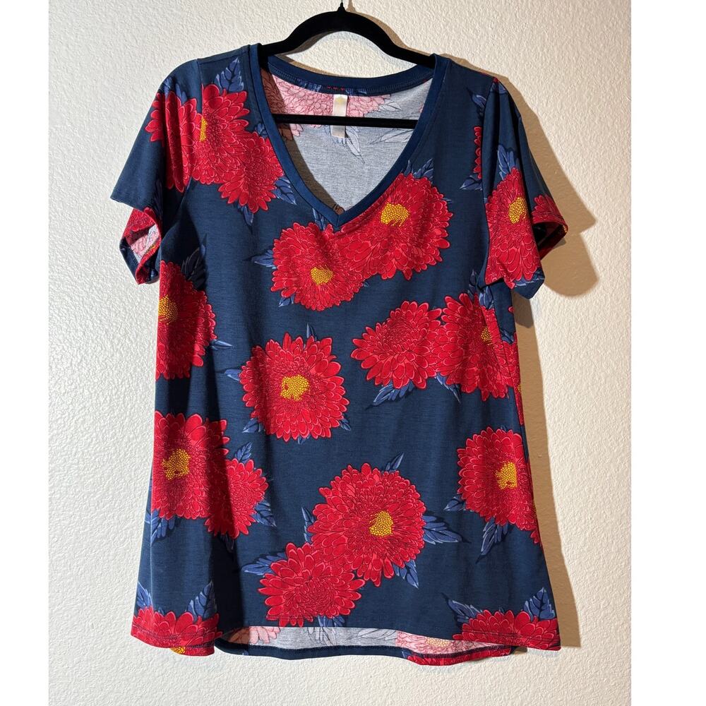 Lularoe Size L Christy Tee Floral V-Neck Short Sleeve T-Shirt Red & Blue